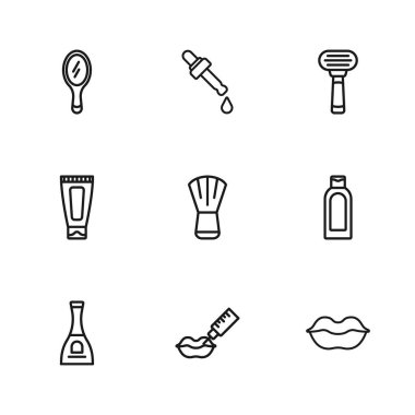 Lip büyütme, şampuan şişesi, gülümseyen dudaklar, makyaj fırçası tıraş bıçağı, el aynası, yağ ve krem losyonlu Pipette kozmetik tüp ikonu. Vektör