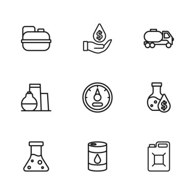 Fıçı yağı, petrol test tüpü, benzin tüpü, motor göstergesi, tanker kamyonu dolar sembolü ve depolama ikonu ile bırakın. Vektör