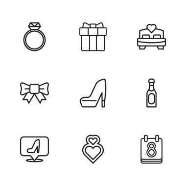 Set hattı, şampanya şişesi, 8 Mart takvimi, kadın ayakkabısı, yatak odası, elmas nişan yüzüğü, hediye kutusu ve kalp ve yay ikonu. Vektör