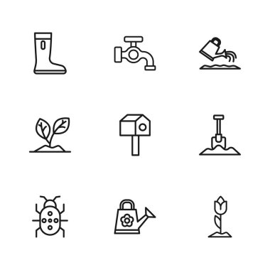 Hattı kurun. Su kovası, kürek, çiçek lalesi, kuş evi su geçirmez lastik bot, musluk ve filizlenme ikonu. Vektör