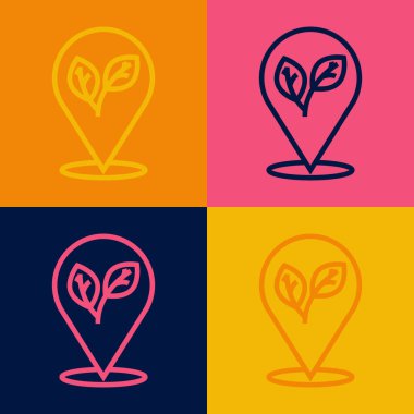 Pop sanat çizgisi konum broşu. Renk arkaplanında yaprak var. İşaret bırakıyor. Taze doğal ürün sembolü. Vektör