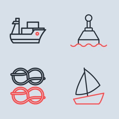 Yüzen şamandıra, denizci halat düğümleri, yat yelkenlisi ve kargo gemisi simgesi. Vektör