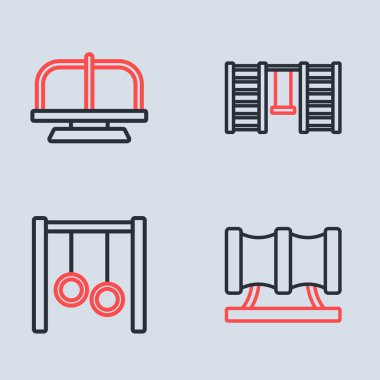 İsveç duvarı, jimnastik yüzükleri, çocuk parkı kaydırak borusu ve atlıkarınca ikonu. Vektör