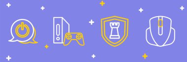 Satranç kalkanı, bilgisayar faresi, oyun konsolu, joystick ve Power düğmesi simgesiyle ayarla. Vektör