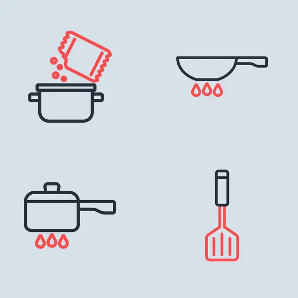 Set Line Frying Pan Fire Cooking Pot Spatula Spice Icon Stock Illustration