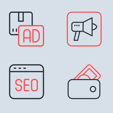 Megafon hattı, SEO optimizasyonu, para dolu cüzdan ve reklam simgesi. Vektör