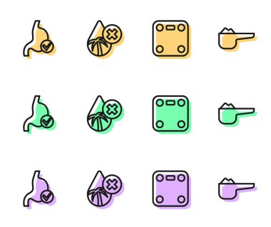 Sıralı banyo terazileri, insan mide sağlığı, palmiye yağsız ve spor protein ikonu. Vektör