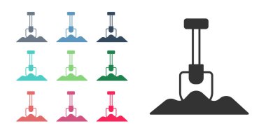 Beyaz arkaplanda siyah kürek simgesi izole edildi. Bahçe aletleri. Bahçecilik, tarım, çiftçilik aleti. Simgeleri renklendirin. Vektör