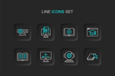 Çevrimiçi ağ kitabı, web kamerası, oyun videosu, Açık, eğitim, ses, sınav, test, araştırma ve simge. Vektör