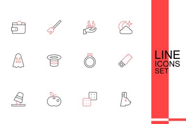 Tavşan 'ın kulakları, zarları, zehirli elmaları, yüksükleri, el testeresi, sihirli taş yüzüğü, şapkası ve hayalet ikonu. Vektör