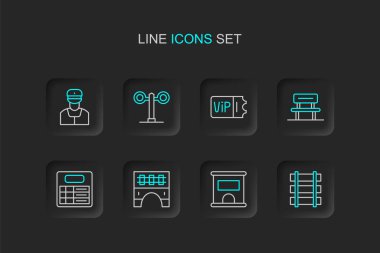 Tren yolu bariyerini, bilet gişesini, tren köprüsünü, tren istasyonunu, bekleme salonunu, trafik ışığı ve kondüktör simgesini ayarlayın. Vektör