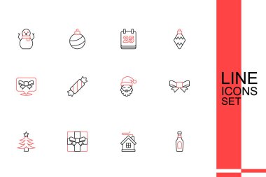 Şampanya şişesi, mutlu noel evi, hediye kutusu, ağaç, fiyonk, Noel Baba şapkası ve sakal, şeker ve ikon. Vektör