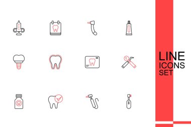 Elektrikli diş fırçası, diş fırçası matkabı, diş ağrısı kesici tablet, diş aynası ve sonda, röntgen ve implant simgesi. Vektör