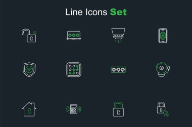 Hat kilidi, güvenlik tuş takımı erişim paneli, koruma altındaki ev, alarm zili, şifre, grafik parola ve simge işaretli kalkanı ayarla. Vektör