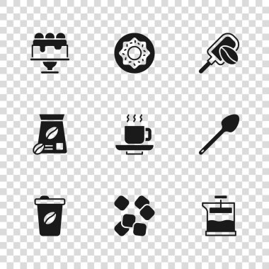 Şeker küpleri, çay kaşığı, kahve makinesi, kahve fincanı, kahve taneli Spatula, Kek, Donut ve Bag fasulyesi ikonu. Vektör