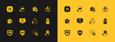 Yaşam sigortası, rozet, el çantası, konum, ev, yangın alevi ve eğitim ödeneği ikonu. Vektör