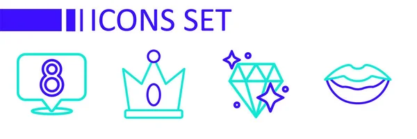 Set Line Usmívající Rty Diamond King Crown Března Ikona Vektor — Stockový vektor