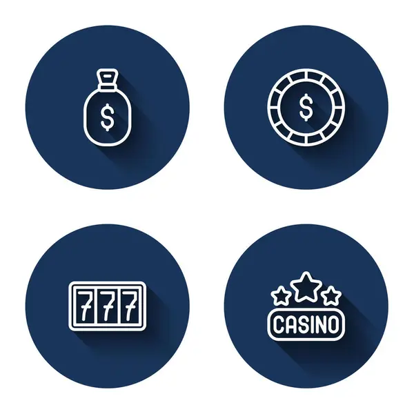 Set Line Bolsa Dinero Casino Chip Con Dólar Ranura Máquina — Vector de stock