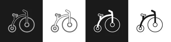 Встановити Урожай Велосипед Одним Великим Колесом Однією Маленькою Піктограмою Ізольовані — стоковий вектор
