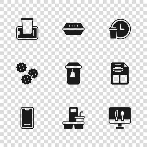 集咖啡杯 餐厅菜单 网上点菜 24小时送货 手机食品 午餐盒和饼干图标为一体 — 图库矢量图片
