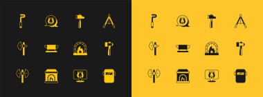 Havalandırma körüğü, demirci fırını, at nalı, örs aleti, çekiç, şömine demiri ve ikon. Vektör