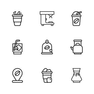 Buzlu kahve, sapı buzlu çaydanlık, bardaktan doldurulmuş kahve çekirdeği, paket kahve fincanı, makine ve Espresso tonik ikonu. Vektör