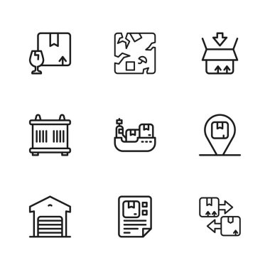 Hat faturası, karton kutulu konum, karton trafik sembolü, kargo kutuları teslimatı, karton, paket kırılgan içeriği, kırık ve konteyner simgesi. Vektör