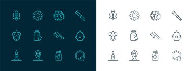 Sıralı arı yetiştirici bıçağı, bal arısı konumu, fırça, kavanoz bal ve dipper çubuğu, satılık bal peteği, kraliçe ve çiçek ikonu. Vektör