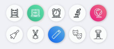 Hat cetveli, dünya küresi, zil, komedi ve trajedi maskeleri, mikroskop, alarmlı saat, hukuk sütunu ve madalya ikonu. Vektör