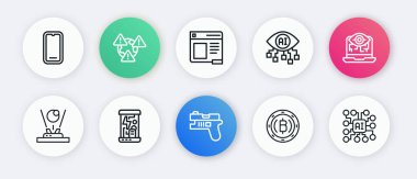 Satır Futuristik silahı, Bilgisayar görüşü, Hologram, Kripto para birimi Bitcoin, Tarayıcı penceresi, Nöral ağ ve Kriyojenik kapsüller simgesini ayarla. Vektör