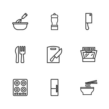 Buzdolabı, fırın, kasede Asya eriştesi, kesme tahtası ve bıçak, et helikopteri, fırça çırpma, biber ve çapraz çatal ikonu. Vektör