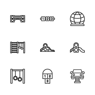 Seksek, kayak parkı, sallanan araba, oyun parkı ekipmanları, çocuk briç, eğitim mantığı oyunu ve İsveç duvar ikonu. Vektör