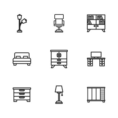 Saha lambası, ofis masası, gardırop, çekmece sandığı, kütüphane kitaplığı, sandalye ve büyük yatak ikonu. Vektör