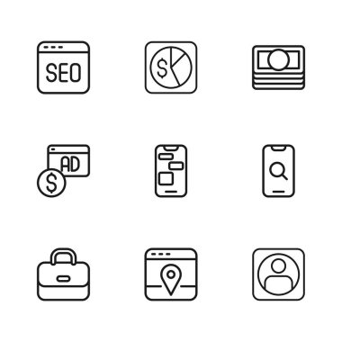 Şehir haritası, büyüteç ve cep telefonu, Mobil hesap ekranı, Mobil 24 saat desteği, kağıt para desteğini, SEO optimizasyonunu, pazar analizini ve reklam simgesini ayarla. Vektör