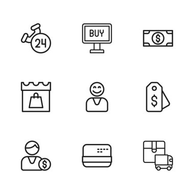 Hat kartı, dolar etiketi, teslimat kamyonu, mutlu müşteri, kağıt para yığını, telefon desteği, satın alma düğmesi ve alışveriş günü ikonu. Vektör