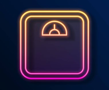 Parlayan neon hattı banyo ölçekli simge siyah arka planda izole edildi. Ağırlık ölçme ekipmanı. Ağırlık ölçeği spor konsepti. Vektör