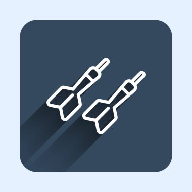 Beyaz çizgi ok ikonu uzun gölge arkaplanı ile izole edildi. Mavi kare düğme. Vektör