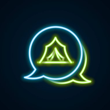 Parlayan neon hattı sirk simgesi siyah arkaplanda izole edildi. Karnaval kamp çadırı. Eğlence parkı. Renkli taslak konsepti. Vektör.