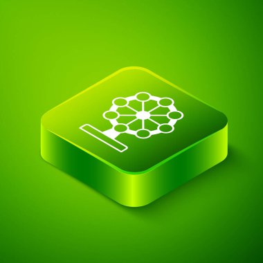 Yeşil arka planda izole edilmiş Isometric dönme dolap simgesi. Eğlence parkı. Çocuklar için eğlence parkı, eğlence parkı. Yeşil kare düğmesi. Vektör.