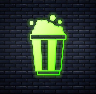 Duvarda izole edilmiş karton kutuda parlayan neon patlamış mısır. Patlamış mısır kutusu. Vektör.