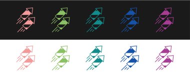 Havai fişek roket simgesini siyah beyaz arkaplanda izole et. Eğlence partisi anlayışı. Patlayıcı havai fişek sembolü. Vektör.