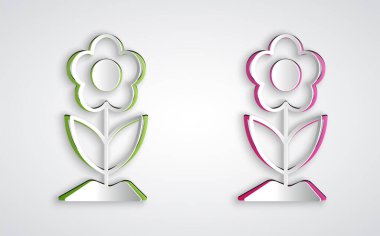 Kağıt kesiği çiçek simgesi gri arkaplanda izole edildi. Kağıt sanatı tarzı. Vektör.