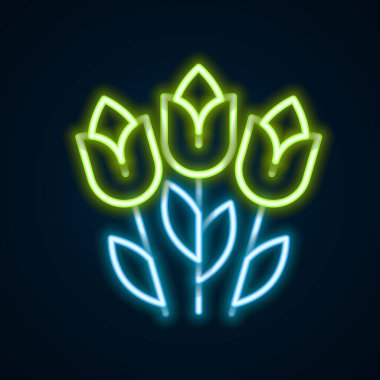 Parlayan neon hattı çiçek lale simgesi siyah arkaplanda izole edildi. 8 Mart. Uluslararası Mutlu Kadınlar Günü. Renkli taslak konsepti. Vektör