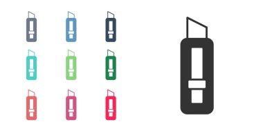 Beyaz arkaplanda siyah kırtasiye bıçağı ikonu var. Ofis kâğıt kesicisi. Simgeleri renklendirin. Vektör