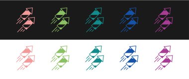 Havai fişek roket simgesini siyah beyaz arkaplanda izole et. Eğlence partisi anlayışı. Patlayıcı havai fişek sembolü. Vektör