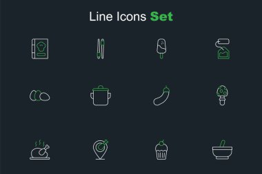 Havan topu ve tokmak, Kek, Tavuk budu, Kızarmış hindi tavuk, Sinek mantarı, Patlıcan, Pişirme kabı ve yumurta ikonu. Vektör