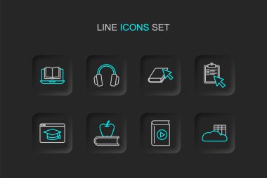 Satır Cloud ya da online kütüphane, Ses Kitabı, Elmalı Kitap, Online eğitim, Sınav, Anket, Kulaklık ve Sınıf simgesi. Vektör