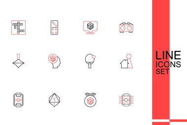 Set hattı, masa futbolu, zar oyunu, masa oyunu için çip, raket ve Whirligig oyuncak ikonu. Vektör