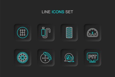 Pit stop, yarış kaskı, kalibreli araba fren diski, araba için alüminyum tekerlek, hız göstergesi, lastik, egzoz susturucu ve vites kutusu simgesi. Vektör