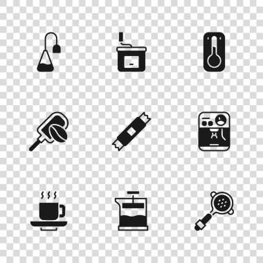 Fransız presi, kahve makinesi, filtre tutacağı, şeker çubuğu paketleri, termometre, çay poşeti, el yapımı kahve öğütücüsü ve tahıl ikonlu Spatula. Vektör